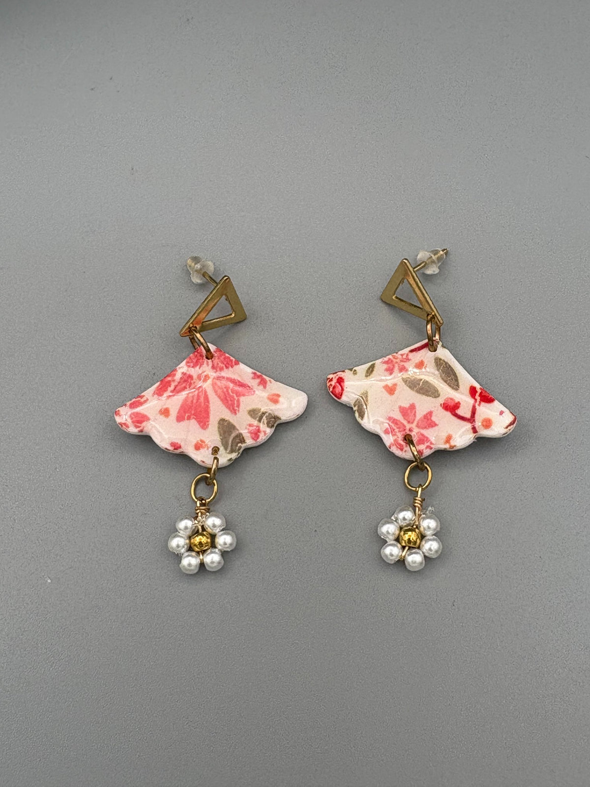 Flower Pattern Fan & Pearl Dangle Earrings - handcrafted polymer clay earrings by Lakeside Clay