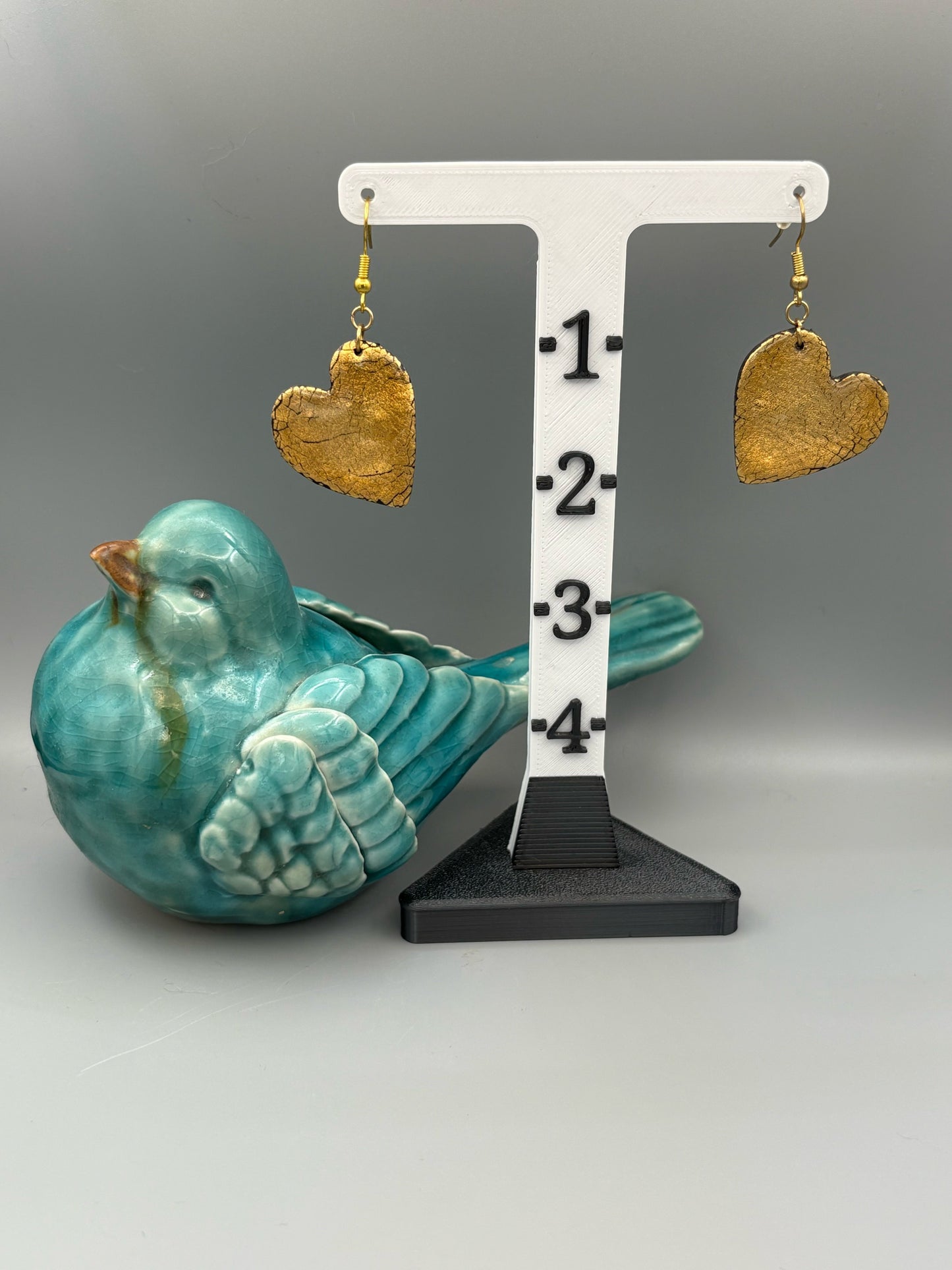 Golden Elegance Heart Dangle Earrings - handcrafted polymer clay earrings by Lakeside Clay