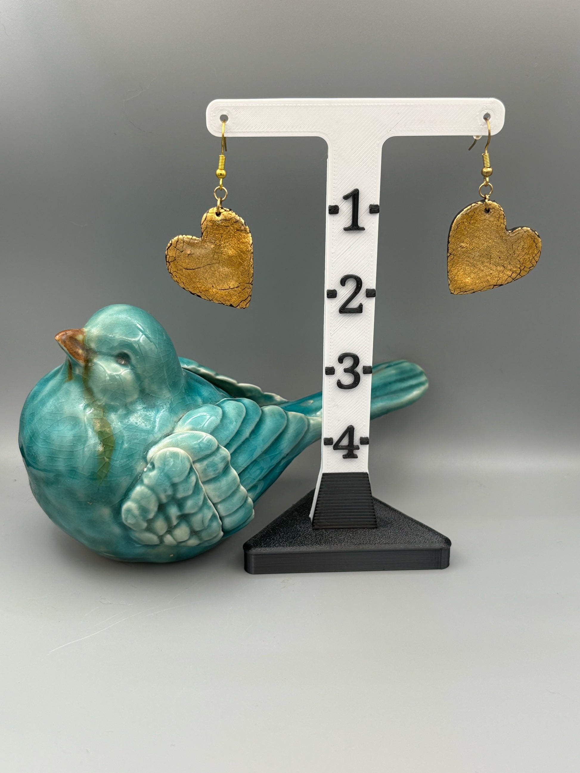 Golden Elegance Heart Dangle Earrings - handcrafted polymer clay earrings by Lakeside Clay