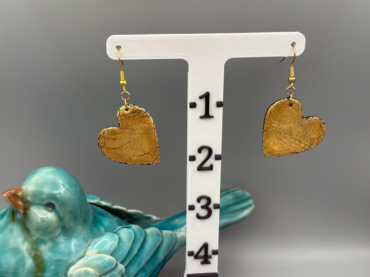 Golden Elegance Heart Dangle Earrings - handcrafted polymer clay earrings by Lakeside Clay