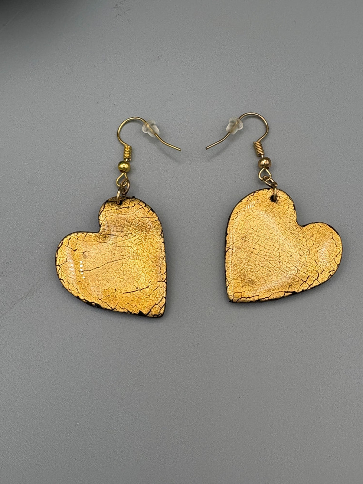 Golden Elegance Heart Dangle Earrings - handcrafted polymer clay earrings by Lakeside Clay