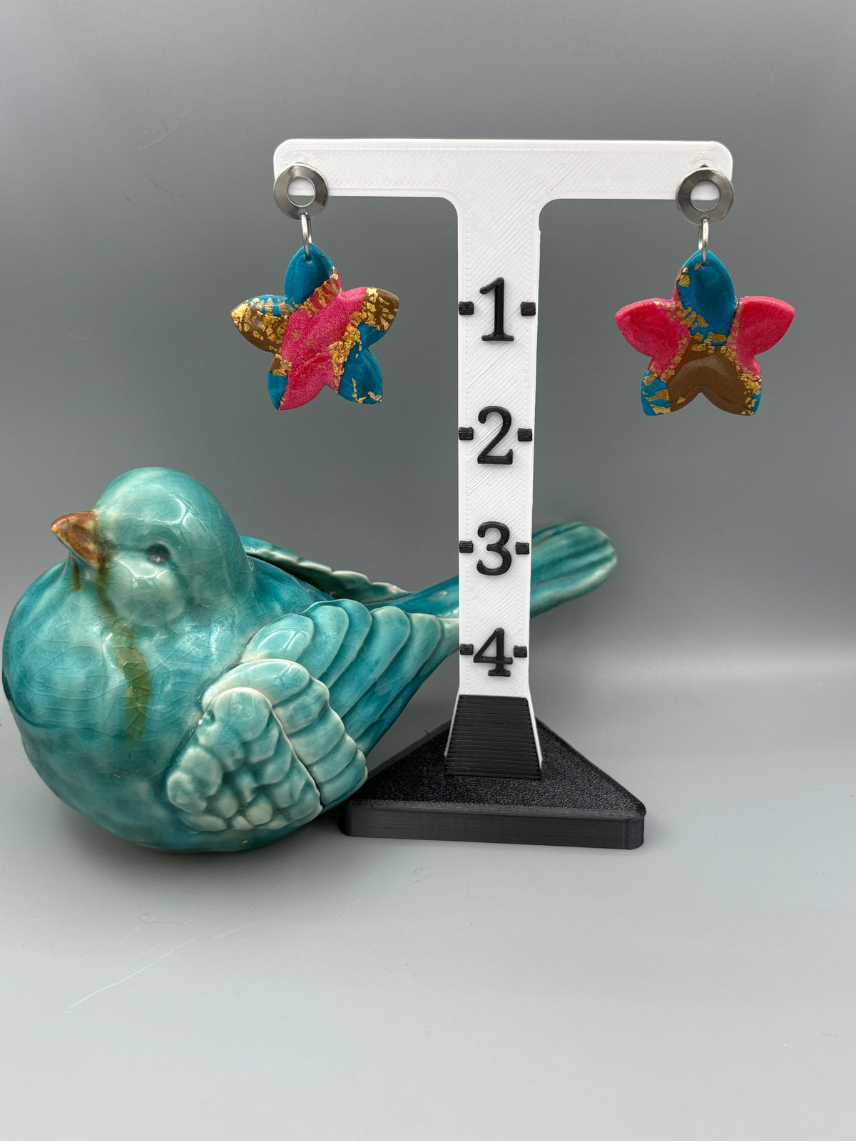 Gilded Peacock Flower Dangle Earrings - handcrafted polymer clay earrings by Lakeside Clay