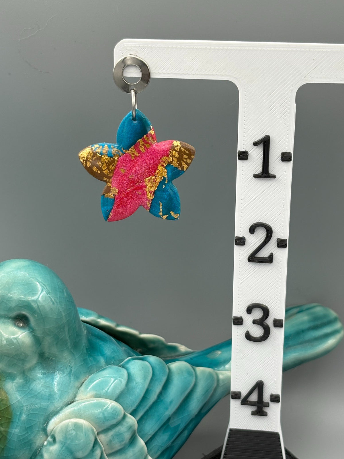 Gilded Peacock Flower Dangle Earrings - handcrafted polymer clay earrings by Lakeside Clay