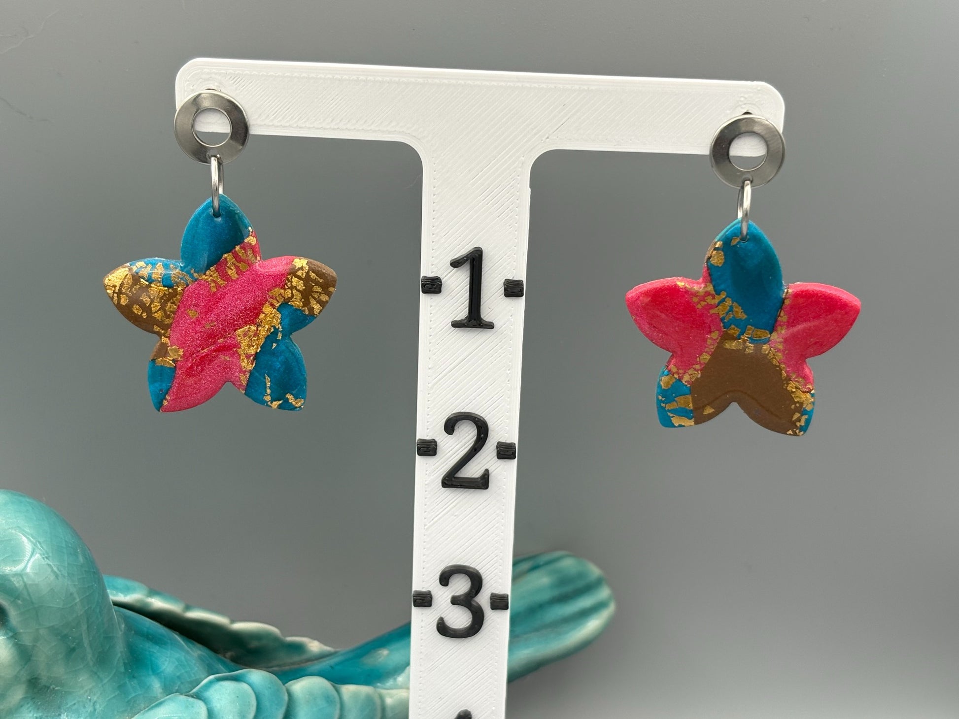 Gilded Peacock Flower Dangle Earrings - handcrafted polymer clay earrings by Lakeside Clay