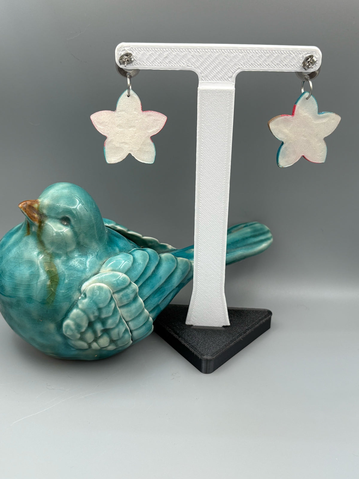 Gilded Peacock Flower Dangle Earrings - handcrafted polymer clay earrings by Lakeside Clay