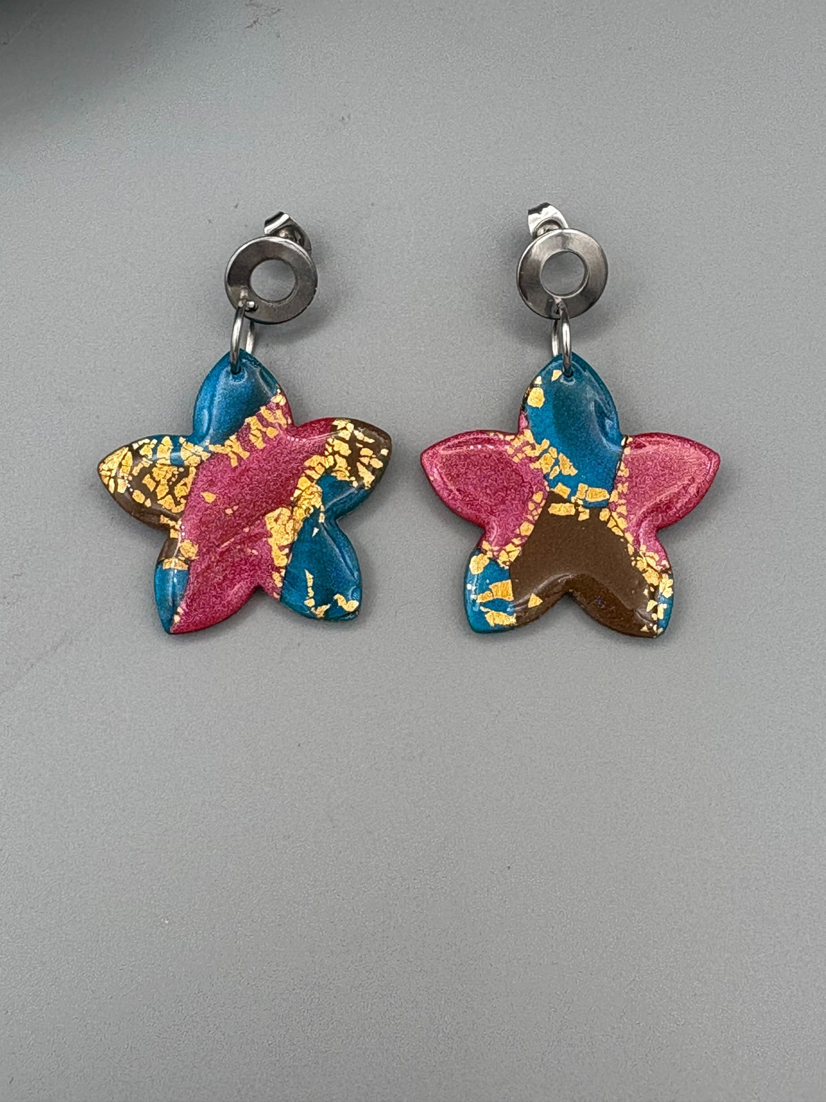 Gilded Peacock Flower Dangle Earrings - handcrafted polymer clay earrings by Lakeside Clay