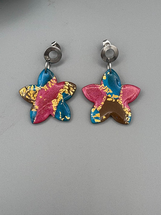 Gilded Peacock Flower Dangle Earrings - handcrafted polymer clay earrings by Lakeside Clay
