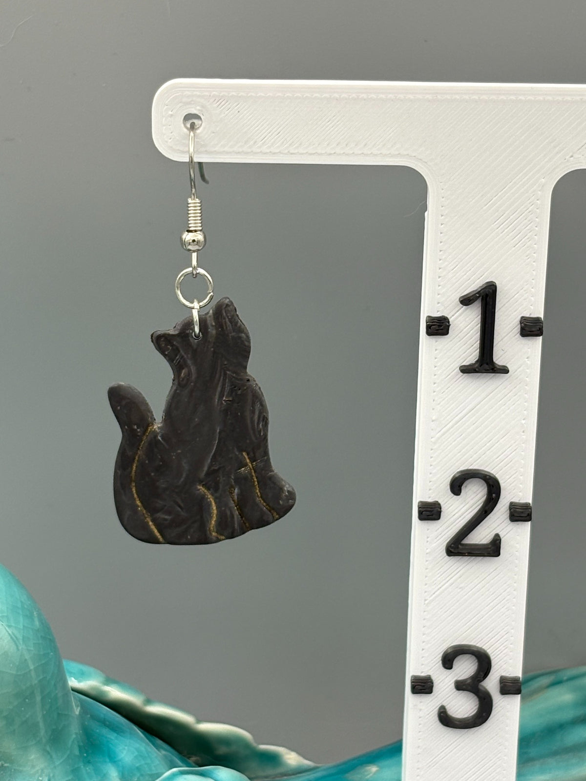 Black Marble Cat Dangle Earrings - handcrafted polymer clay earrings by Lakeside Clay