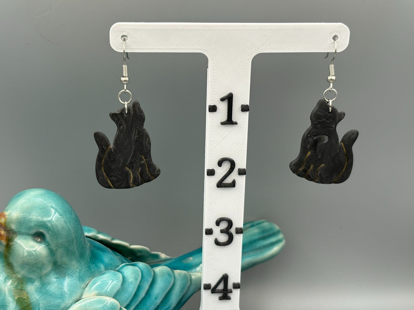 Black Marble Cat Dangle Earrings - handcrafted polymer clay earrings by Lakeside Clay