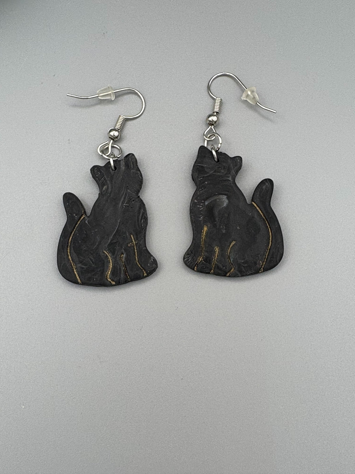 Black Marble Cat Dangle Earrings - handcrafted polymer clay earrings by Lakeside Clay