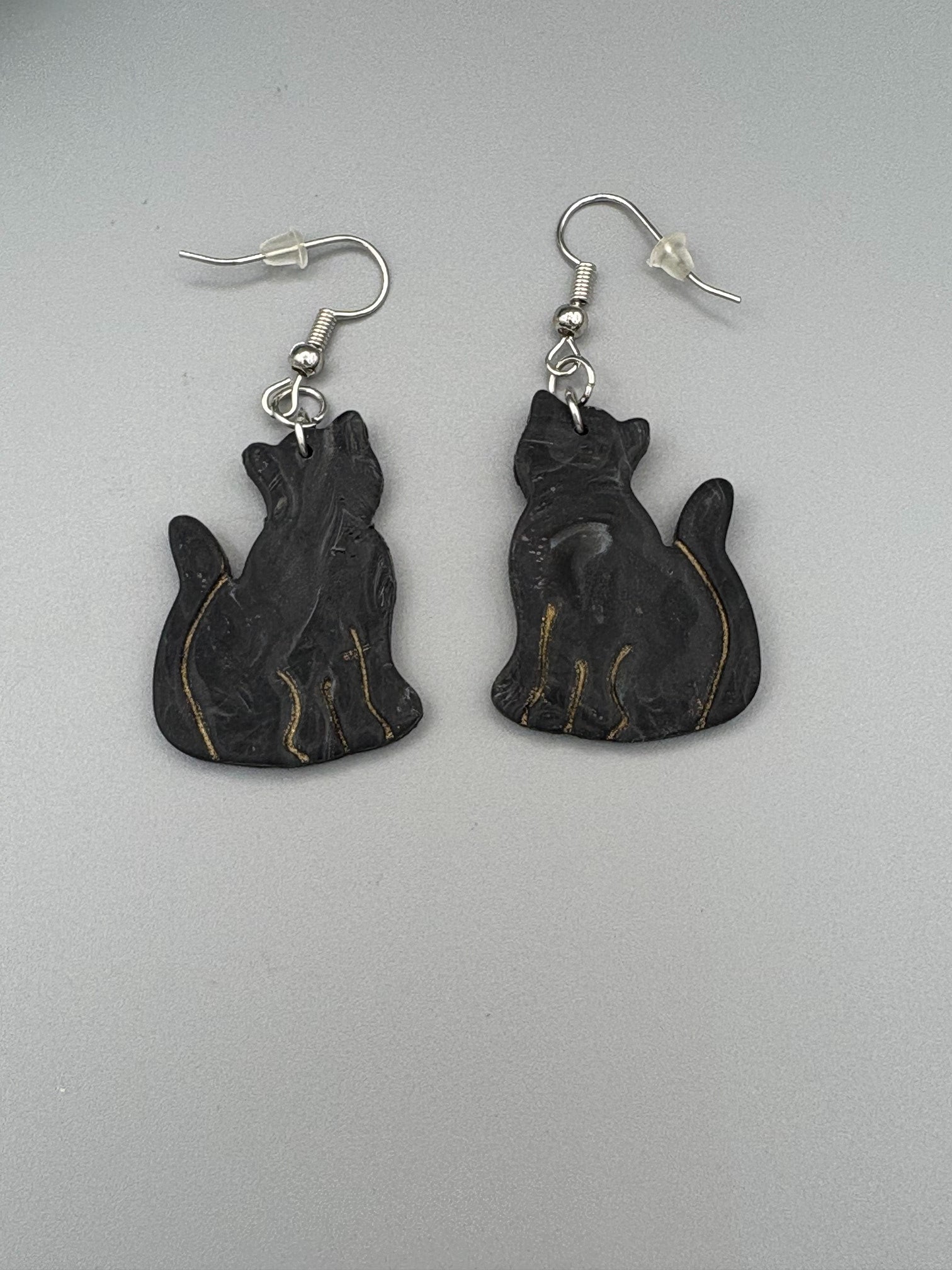 Black Marble Cat Dangle Earrings - handcrafted polymer clay earrings by Lakeside Clay