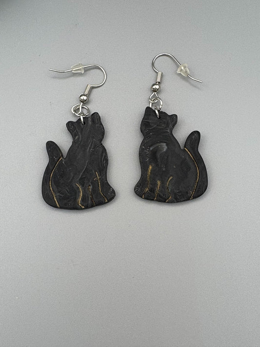 Black Marble Cat Dangle Earrings - handcrafted polymer clay earrings by Lakeside Clay