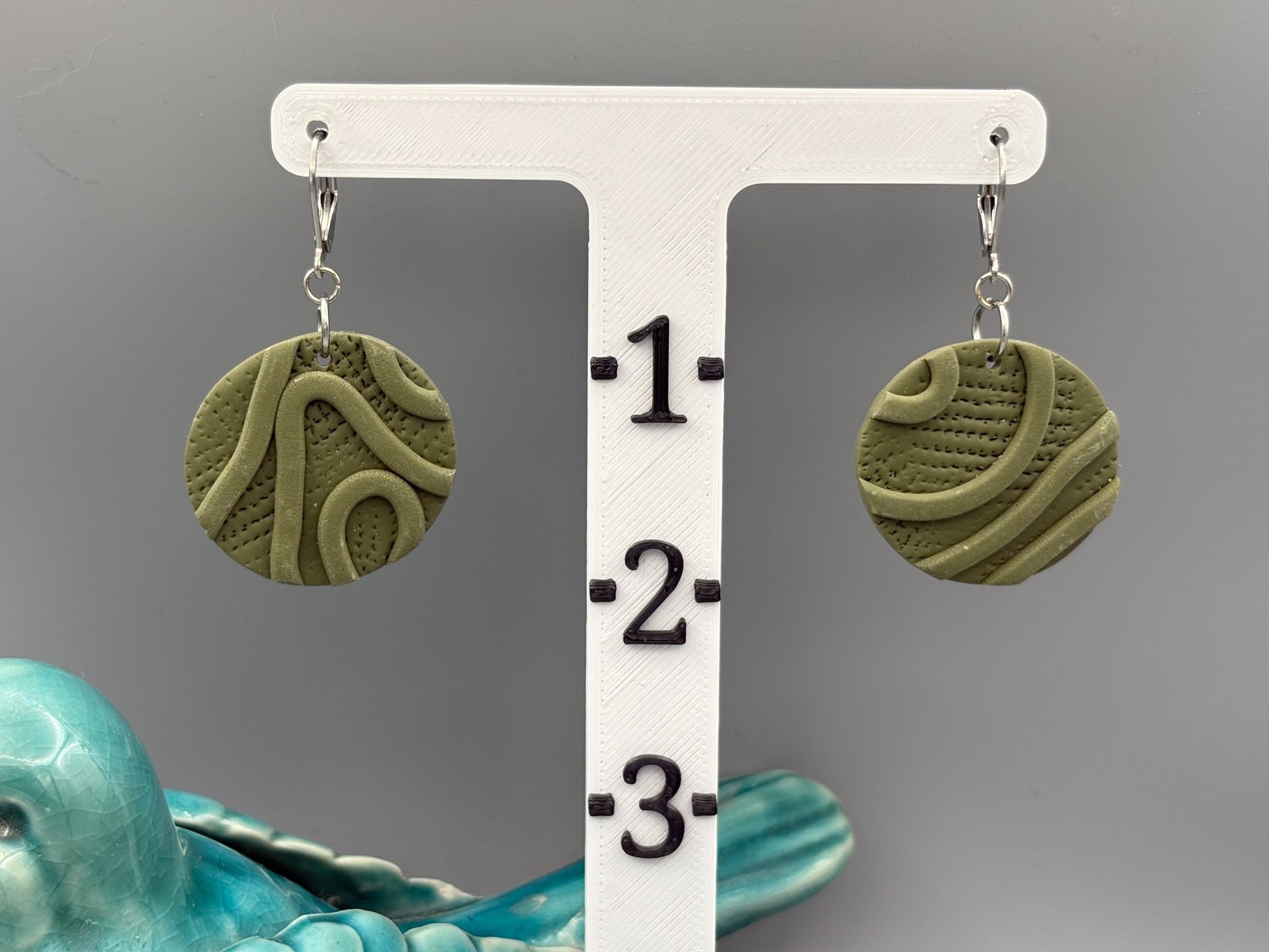 Army Green Texture Circle Dangle Earrings - handcrafted polymer clay earrings by Lakeside Clay
