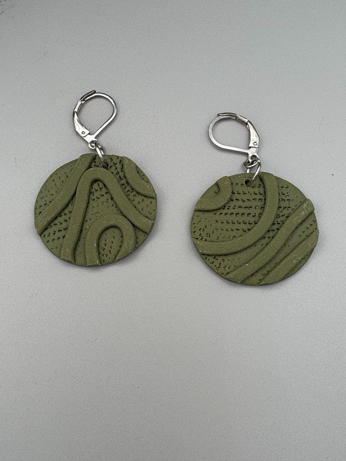 Army Green Texture Circle Dangle Earrings - handcrafted polymer clay earrings by Lakeside Clay