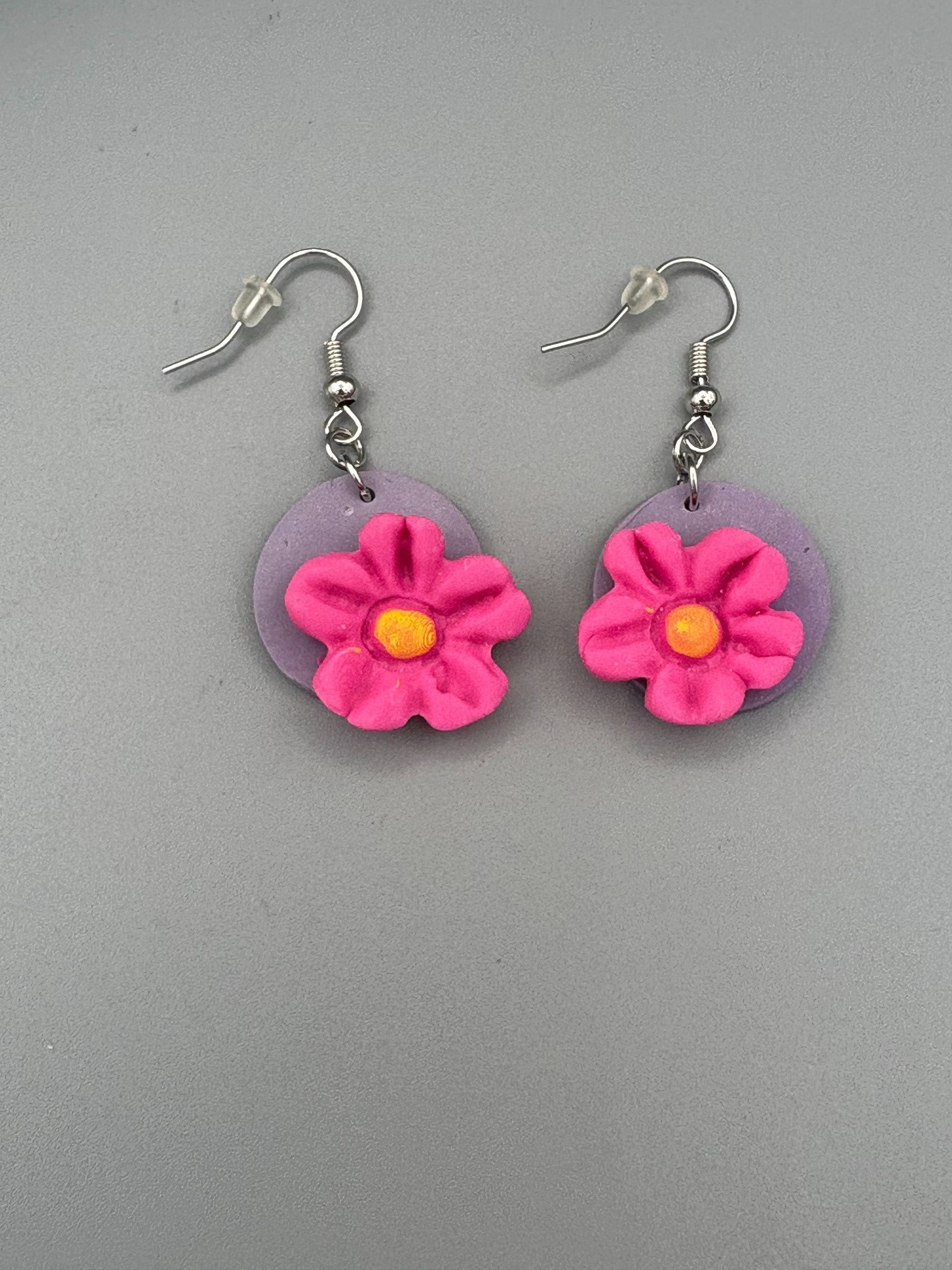 Pink Flowers Dangle Earrings - handcrafted polymer clay earrings by Lakeside Clay