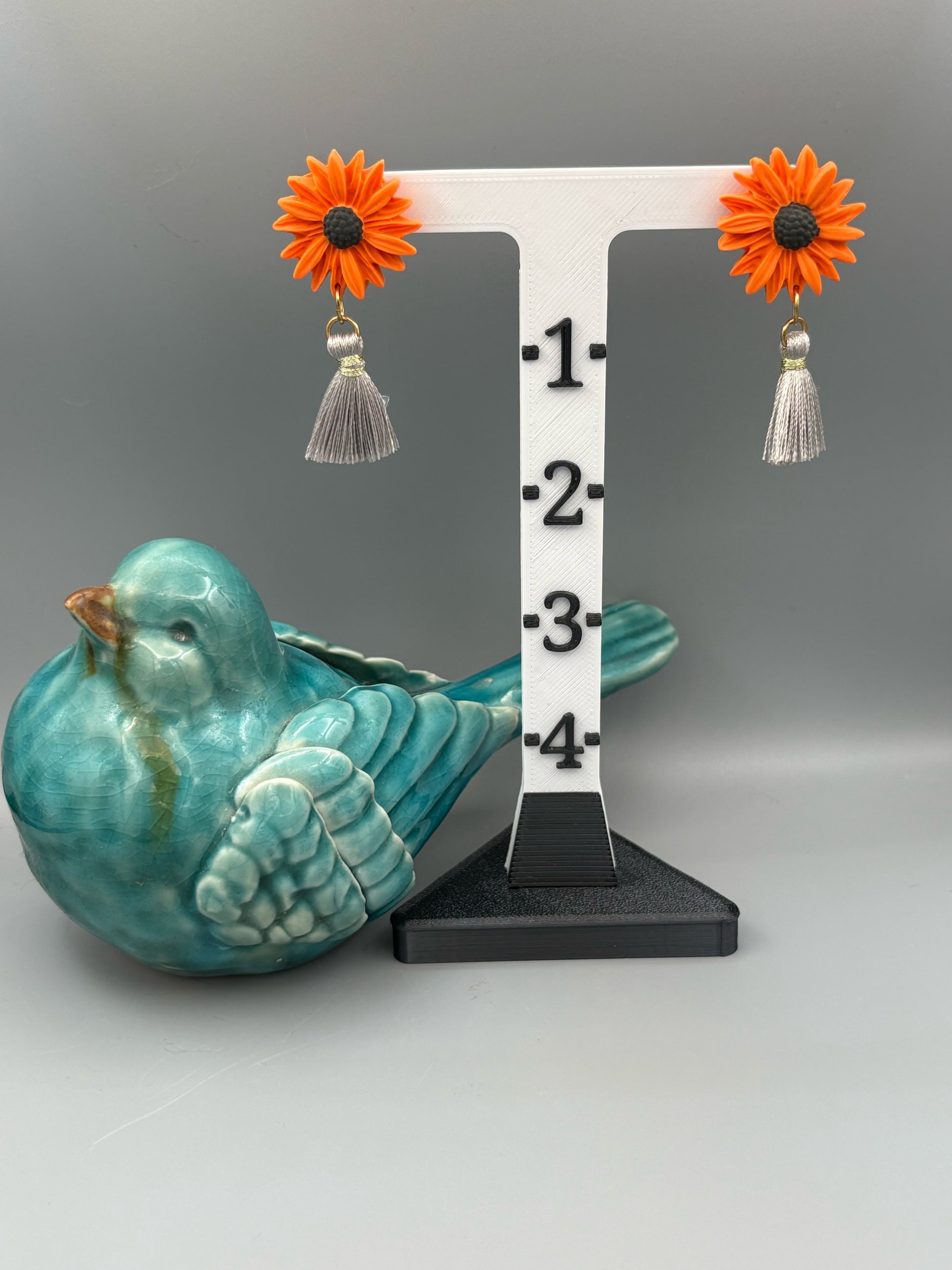 Orange Flower with Tassel Dangle Earrings - handcrafted polymer clay earrings by Lakeside Clay