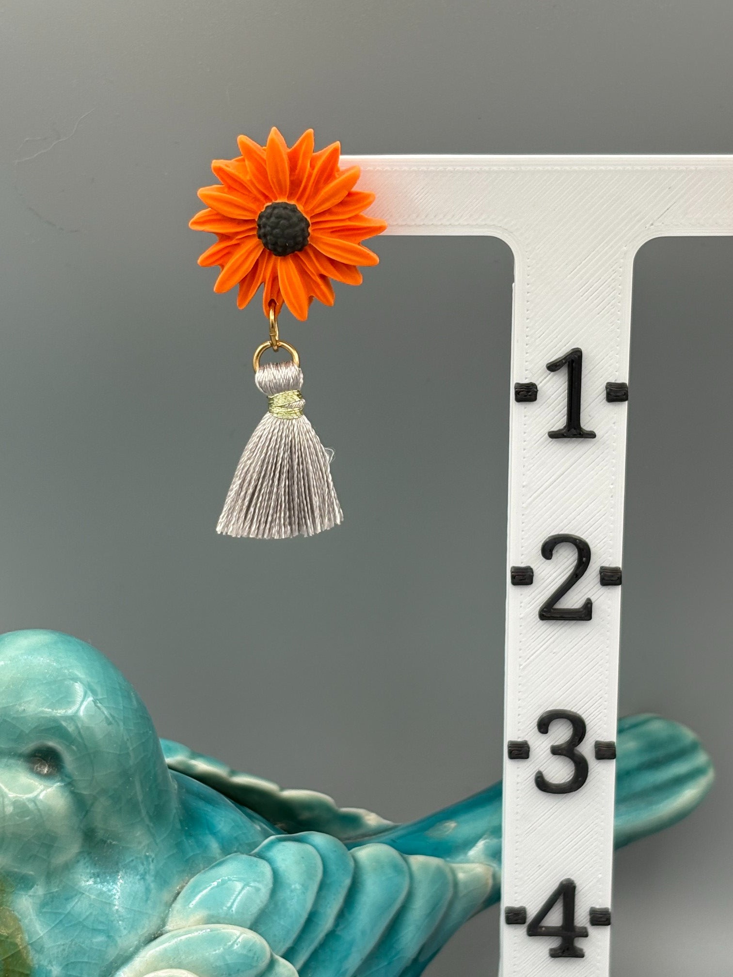 Orange Flower with Tassel Dangle Earrings - handcrafted polymer clay earrings by Lakeside Clay