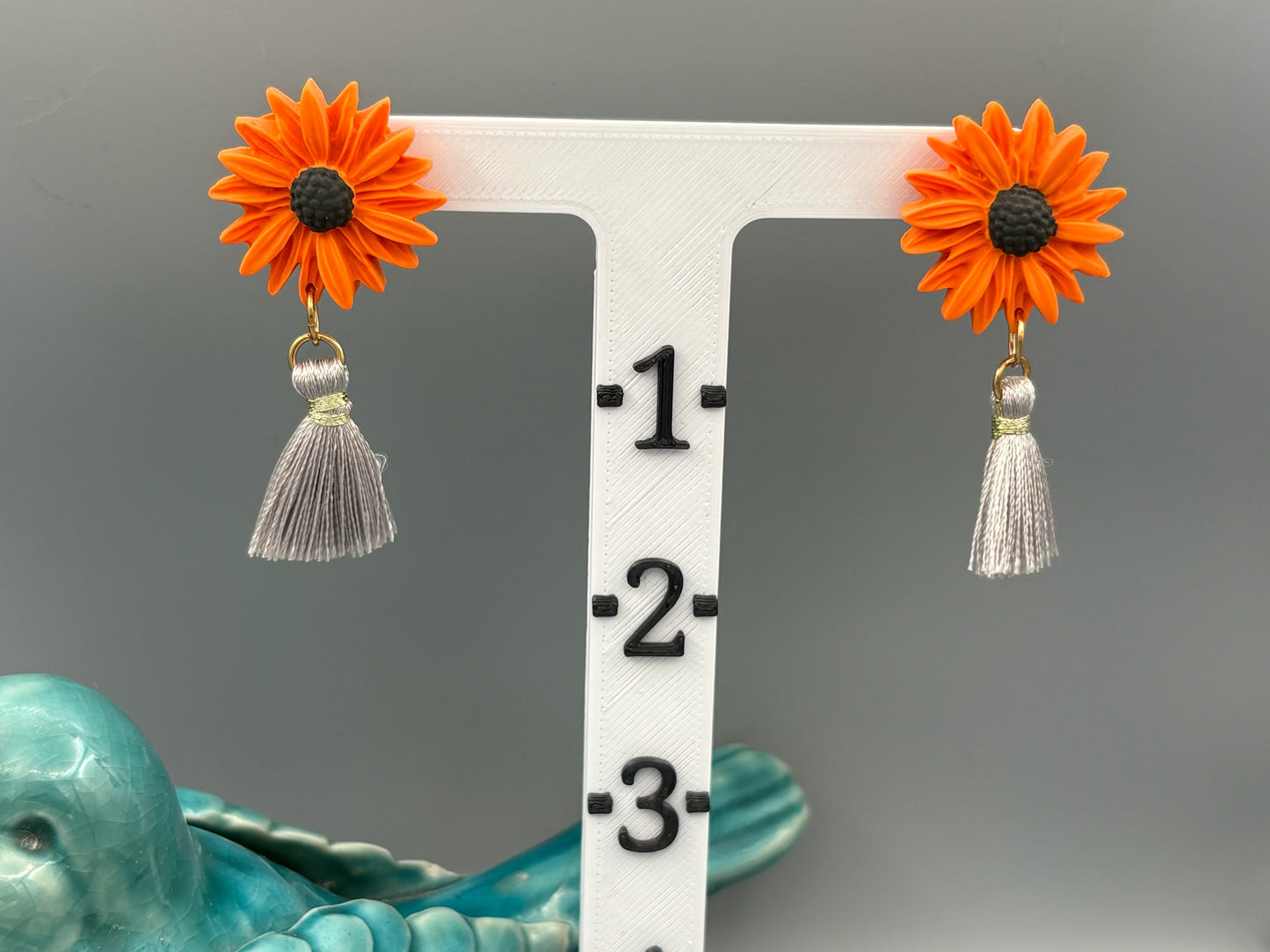 Orange Flower with Tassel Dangle Earrings - handcrafted polymer clay earrings by Lakeside Clay