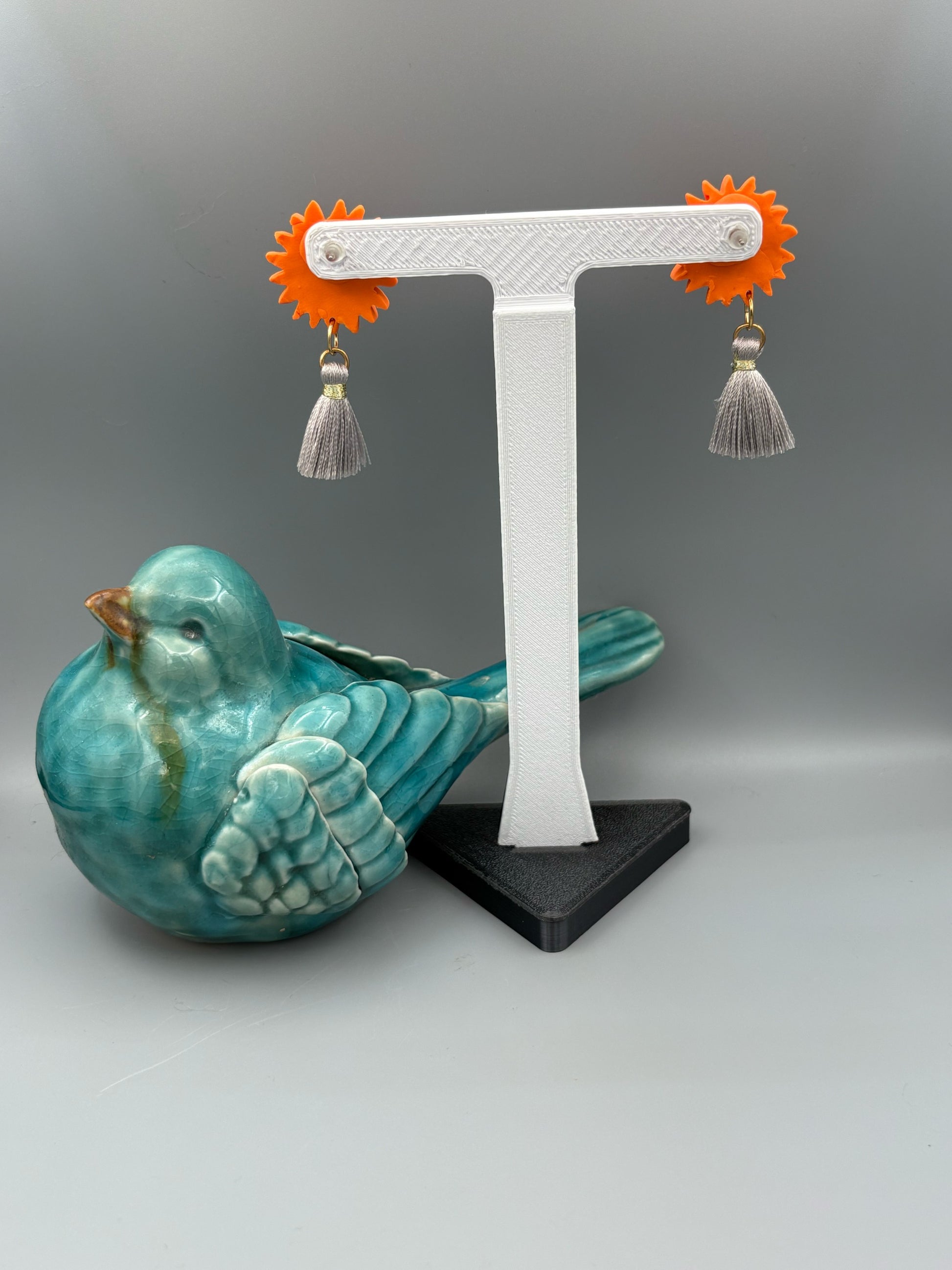 Orange Flower with Tassel Dangle Earrings - handcrafted polymer clay earrings by Lakeside Clay