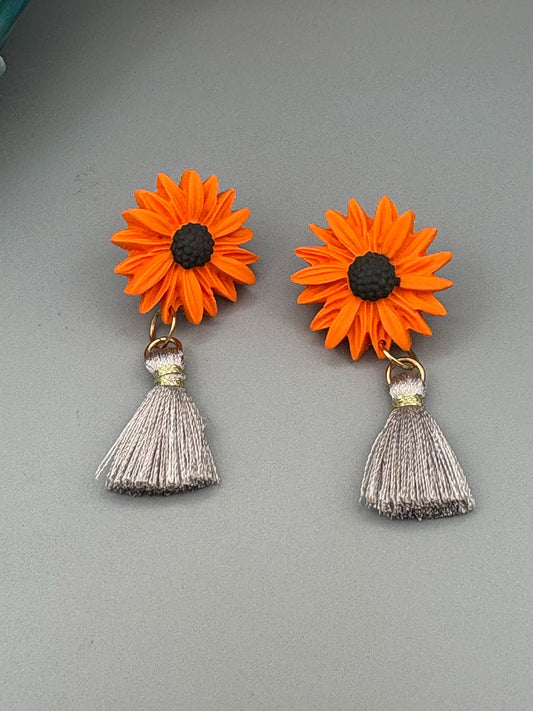 Orange Flower with Tassel Dangle Earrings - handcrafted polymer clay earrings by Lakeside Clay