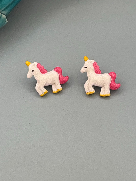 White & Pink Unicorn Stud Earrings - handcrafted polymer clay earrings by Lakeside Clay