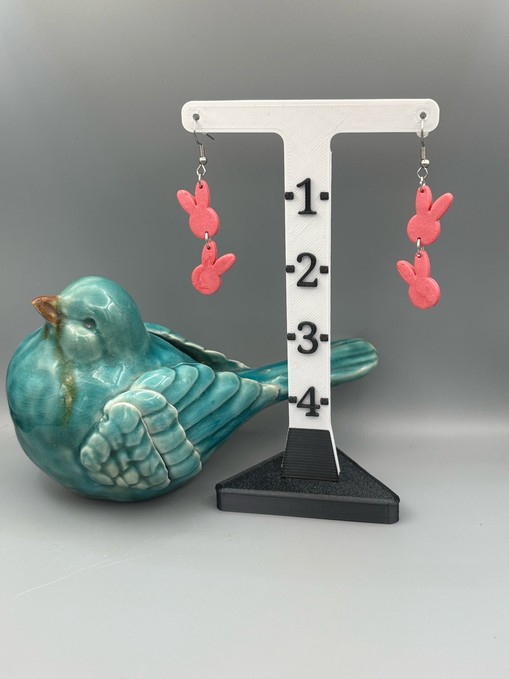 Pink Double Bunny Head Dangle Earrings - handcrafted polymer clay earrings by Lakeside Clay