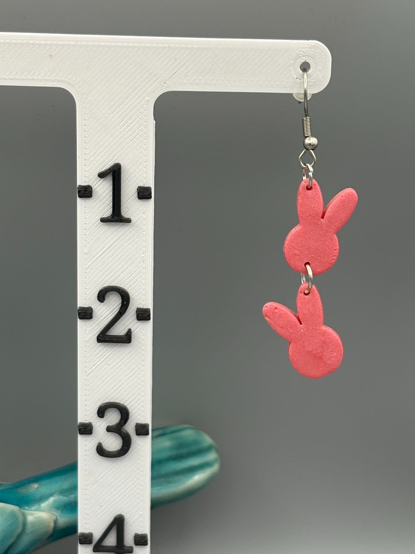 Pink Double Bunny Head Dangle Earrings - handcrafted polymer clay earrings by Lakeside Clay