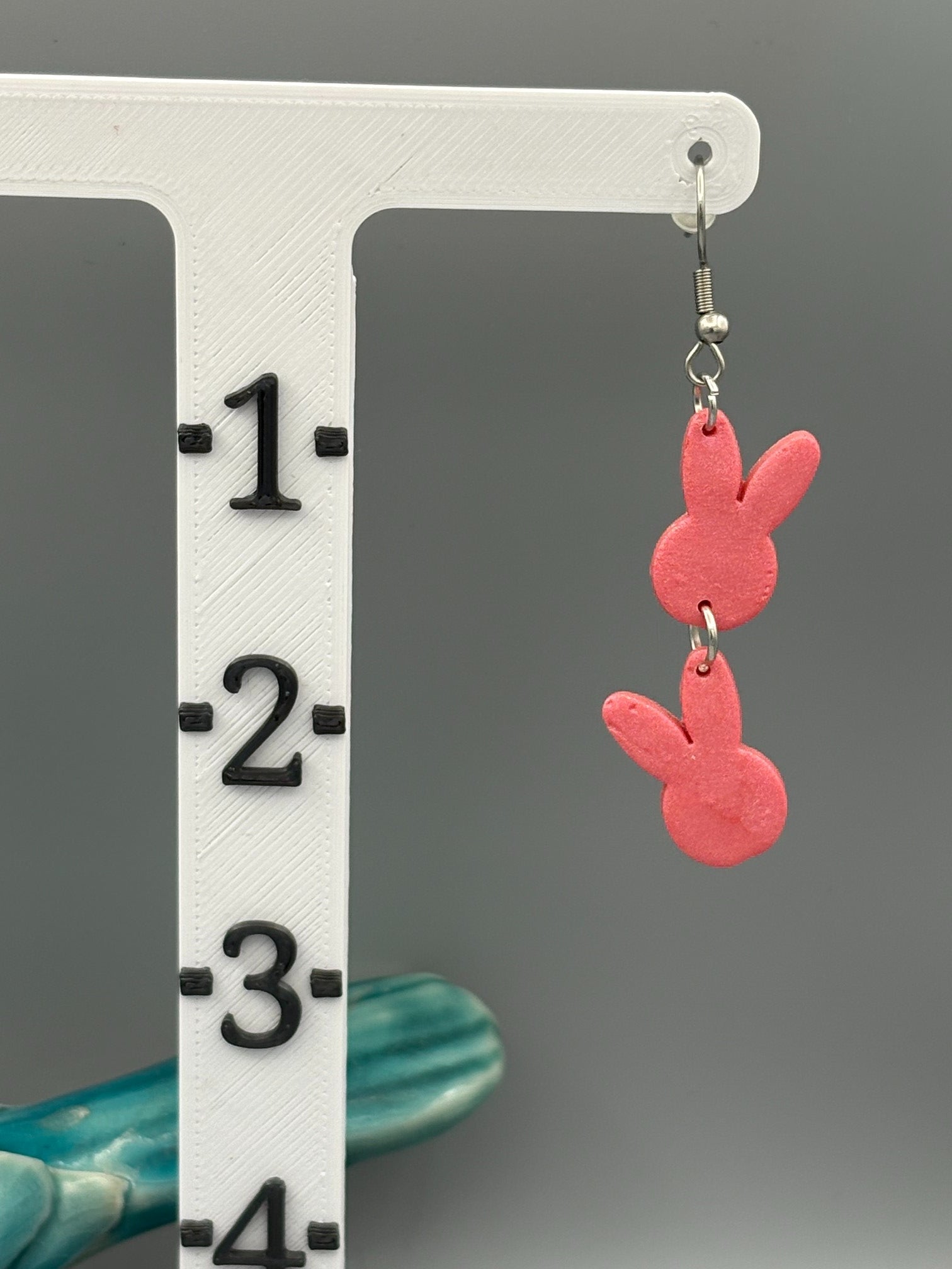 Pink Double Bunny Head Dangle Earrings - handcrafted polymer clay earrings by Lakeside Clay