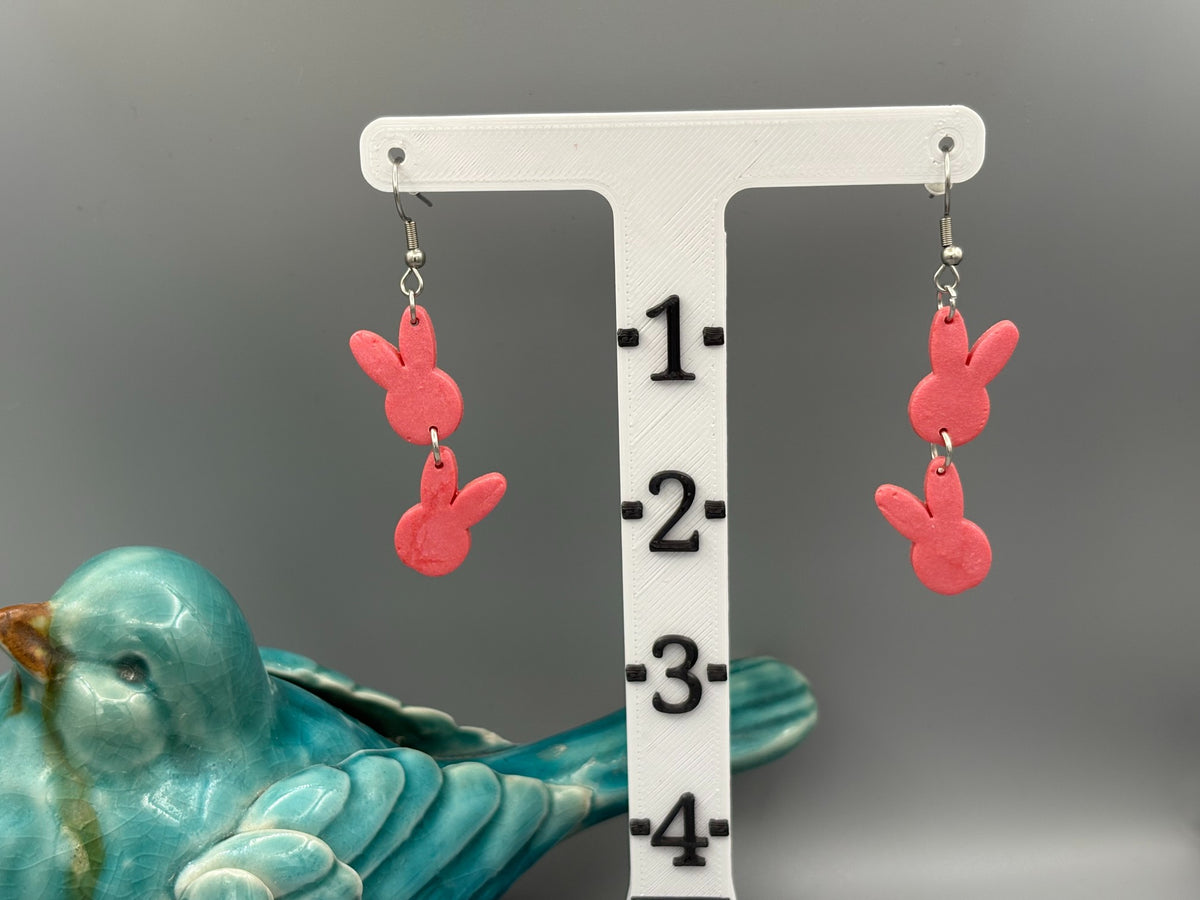 Pink Double Bunny Head Dangle Earrings - handcrafted polymer clay earrings by Lakeside Clay