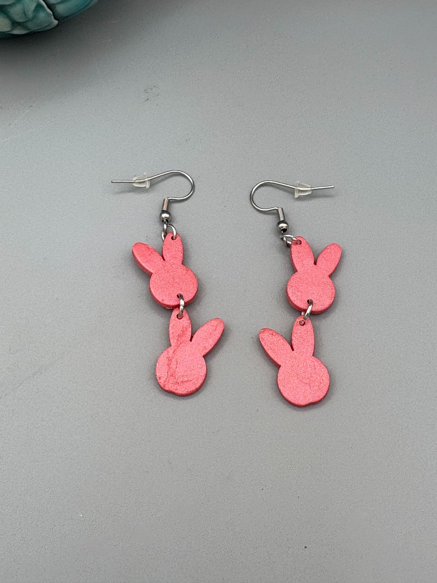 Pink Double Bunny Head Dangle Earrings - handcrafted polymer clay earrings by Lakeside Clay