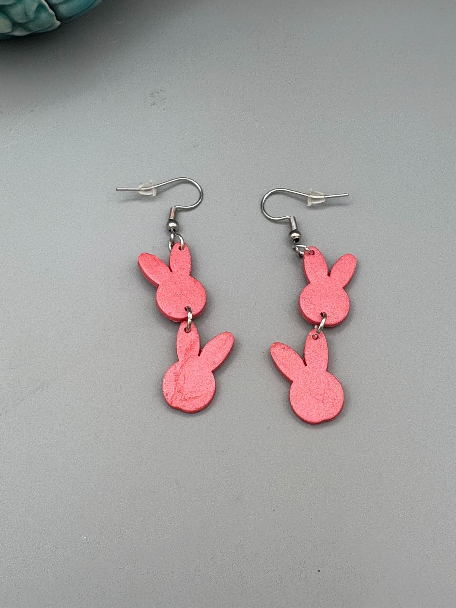 Pink Double Bunny Head Dangle Earrings - handcrafted polymer clay earrings by Lakeside Clay