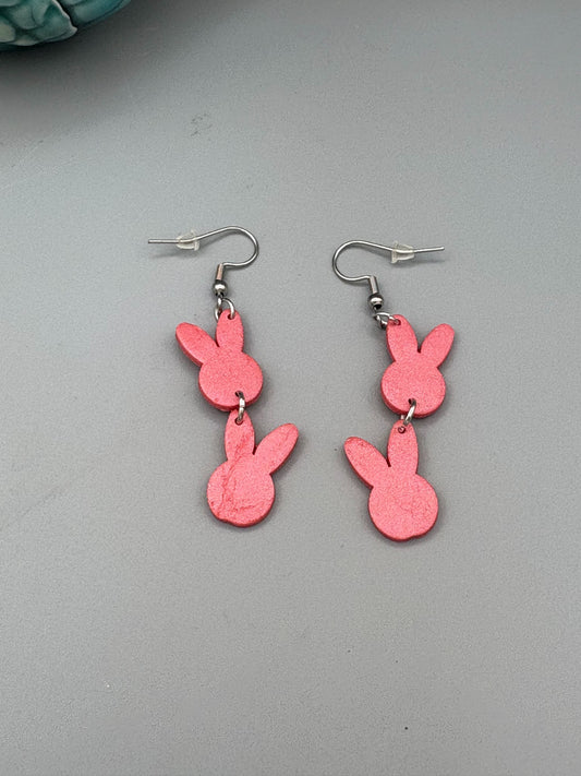 Pink Double Bunny Head Dangle Earrings - handcrafted polymer clay earrings by Lakeside Clay