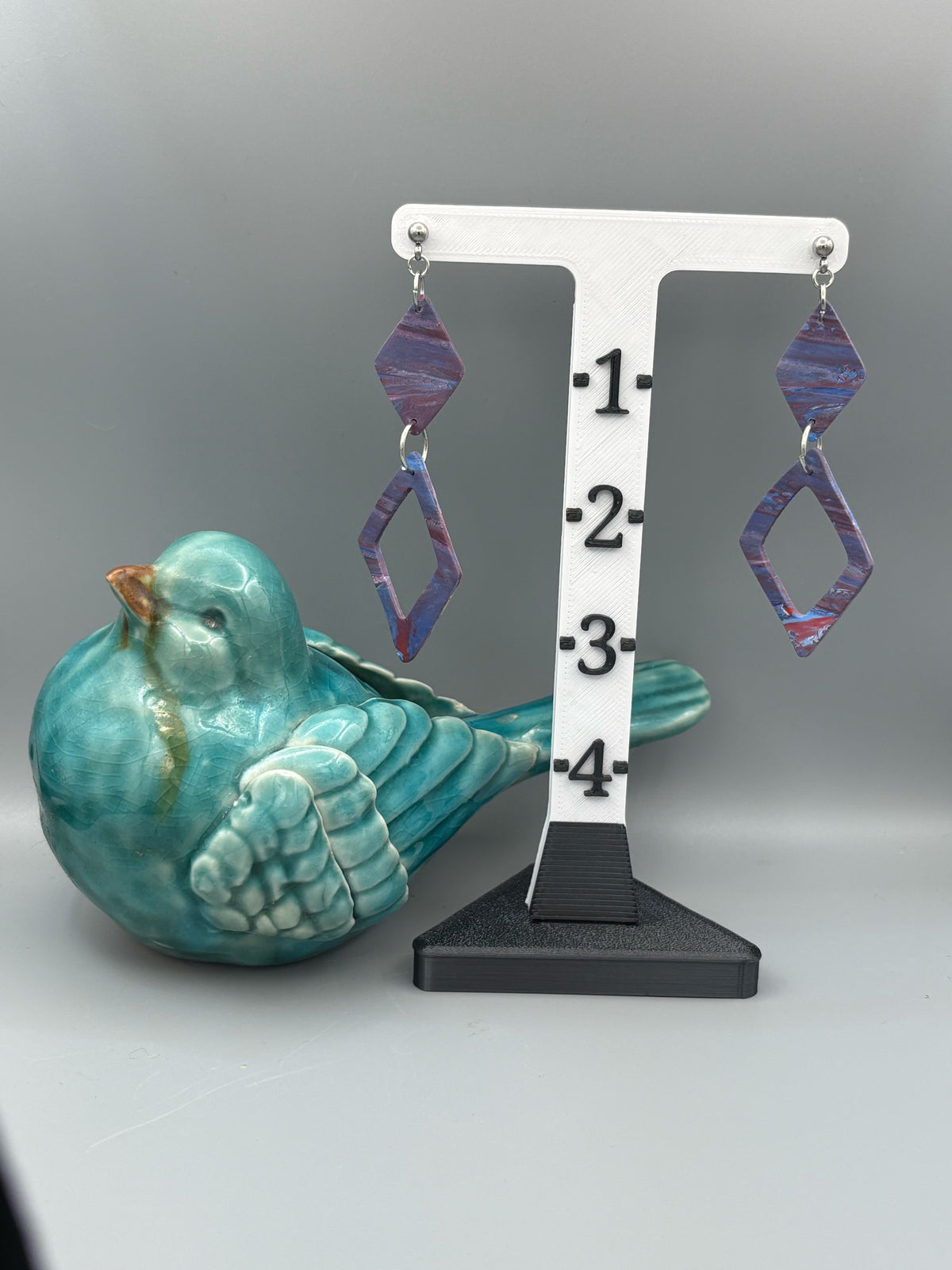 Red & Blue Double Diamond Dangle earrings - handcrafted polymer clay earrings by Lakeside Clay