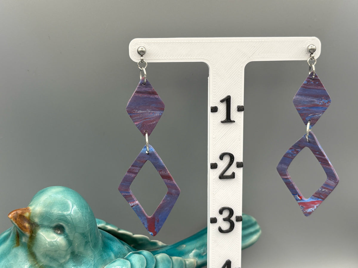 Red & Blue Double Diamond Dangle earrings - handcrafted polymer clay earrings by Lakeside Clay