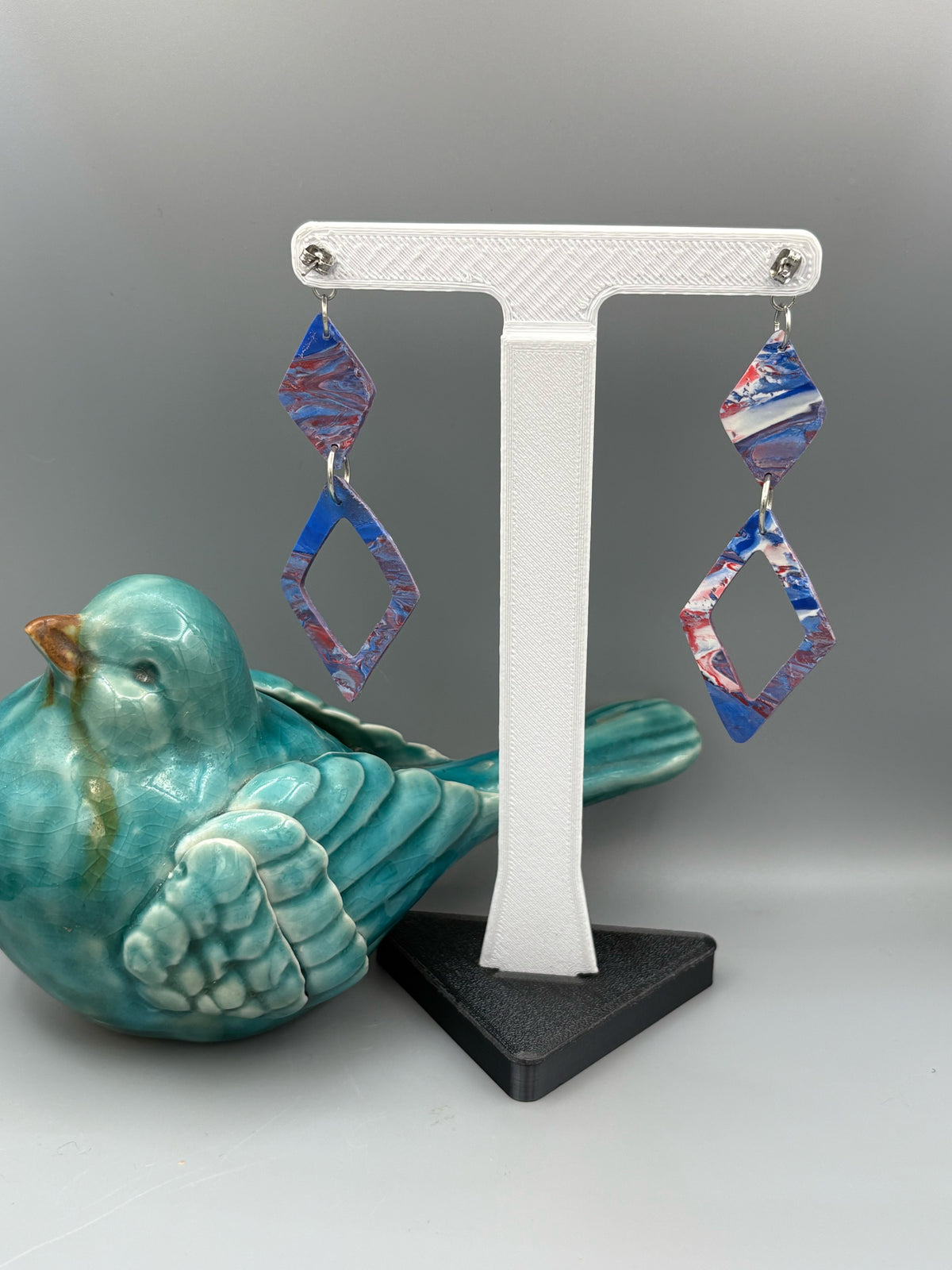 Red & Blue Double Diamond Dangle earrings - handcrafted polymer clay earrings by Lakeside Clay