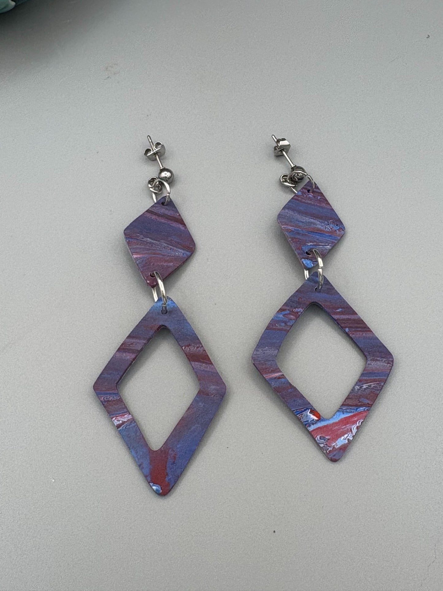 Red & Blue Double Diamond Dangle earrings - handcrafted polymer clay earrings by Lakeside Clay