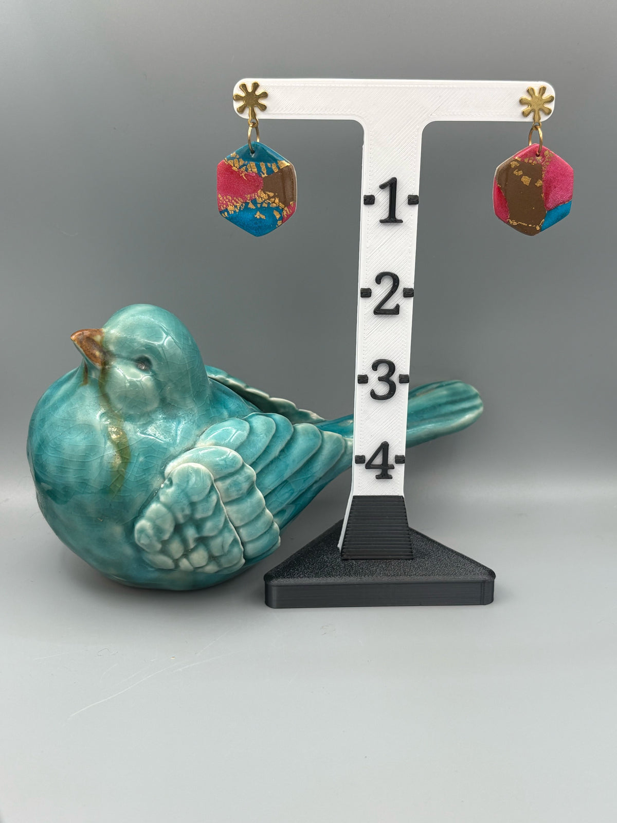 Gilded Peacock Hexagon Dangle Earrings - handcrafted polymer clay earrings by Lakeside Clay
