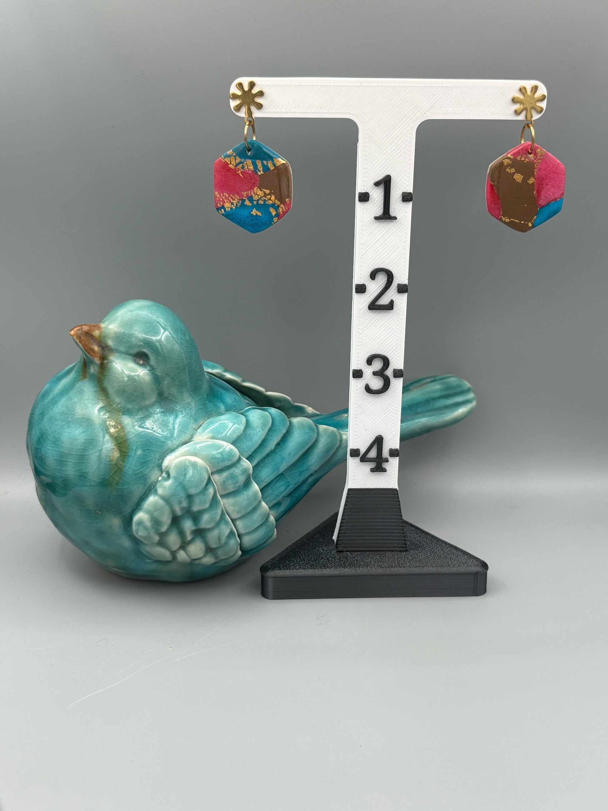 Gilded Peacock Hexagon Dangle Earrings - handcrafted polymer clay earrings by Lakeside Clay