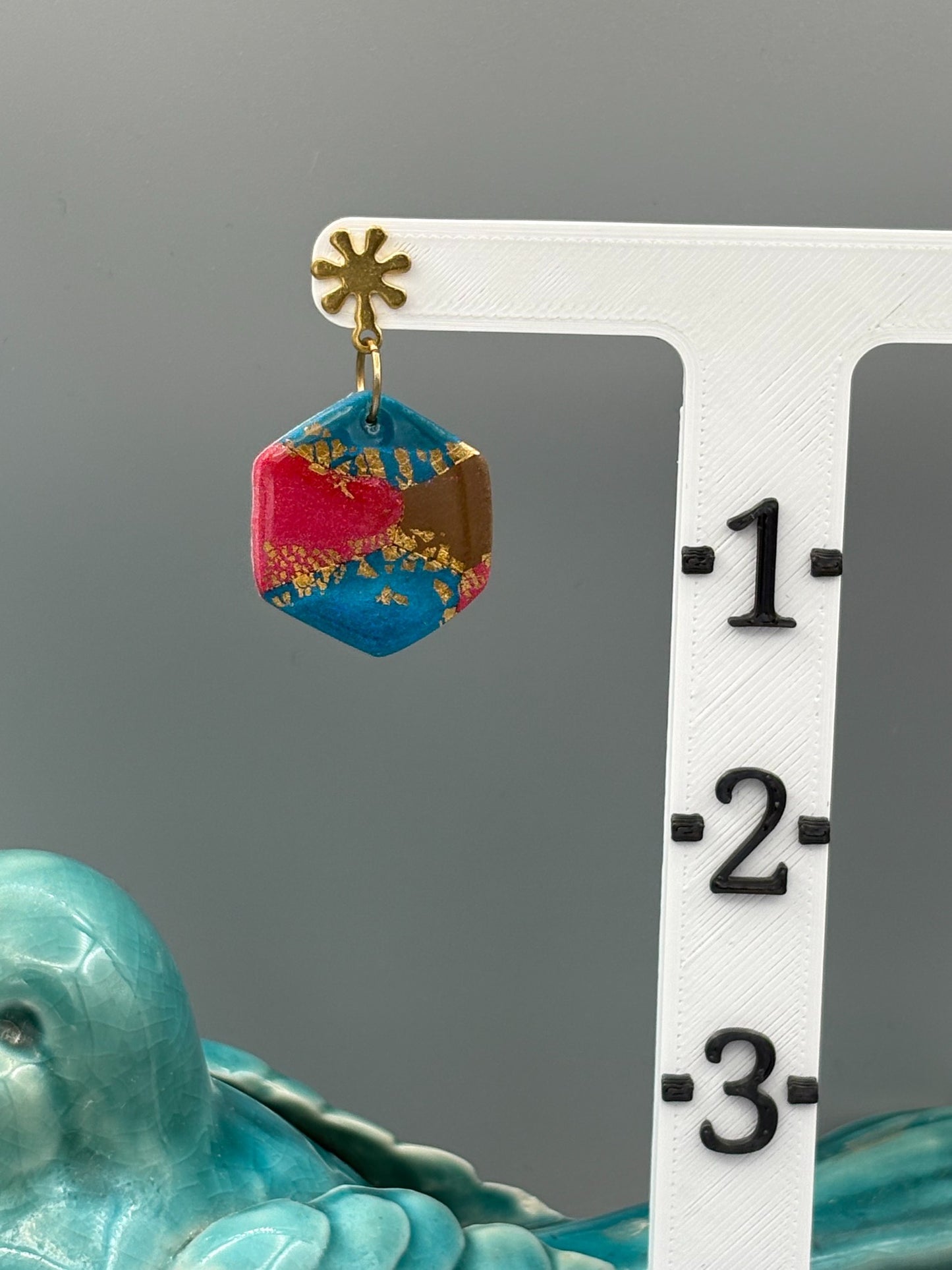 Gilded Peacock Hexagon Dangle Earrings - handcrafted polymer clay earrings by Lakeside Clay