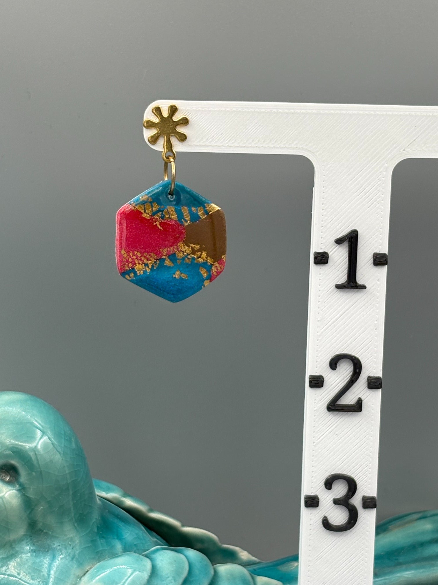 Gilded Peacock Hexagon Dangle Earrings - handcrafted polymer clay earrings by Lakeside Clay
