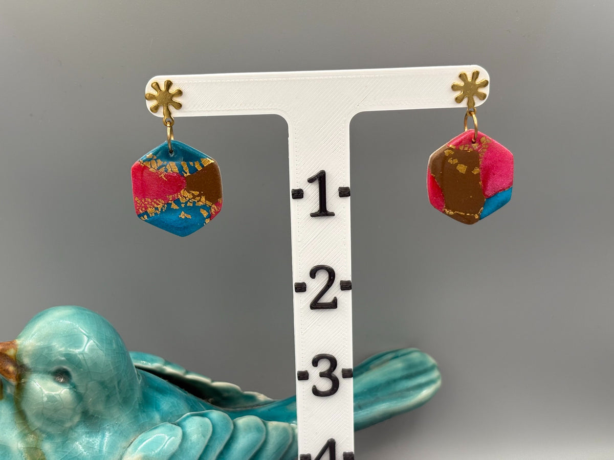 Gilded Peacock Hexagon Dangle Earrings - handcrafted polymer clay earrings by Lakeside Clay
