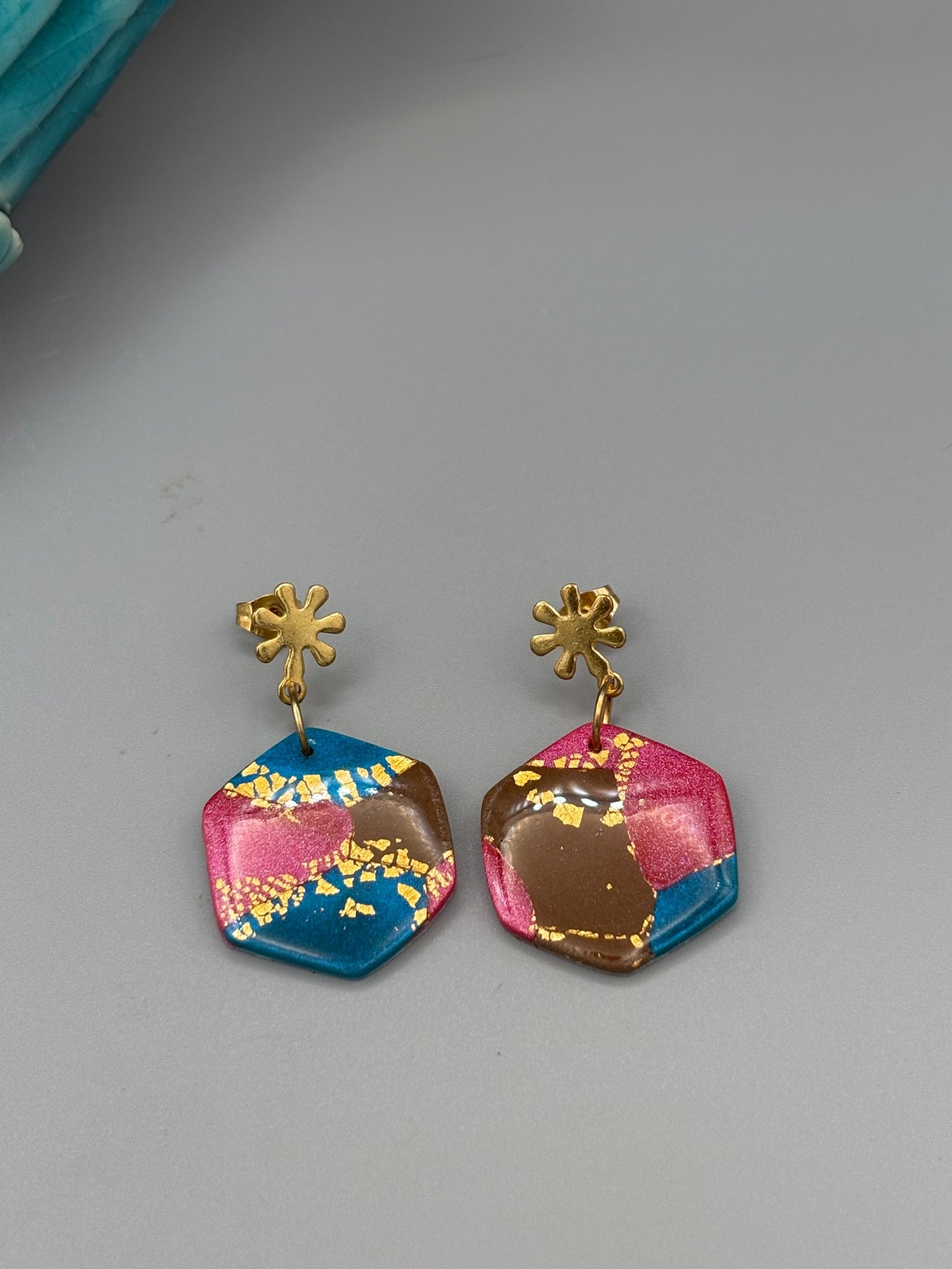 Gilded Peacock Hexagon Dangle Earrings - handcrafted polymer clay earrings by Lakeside Clay