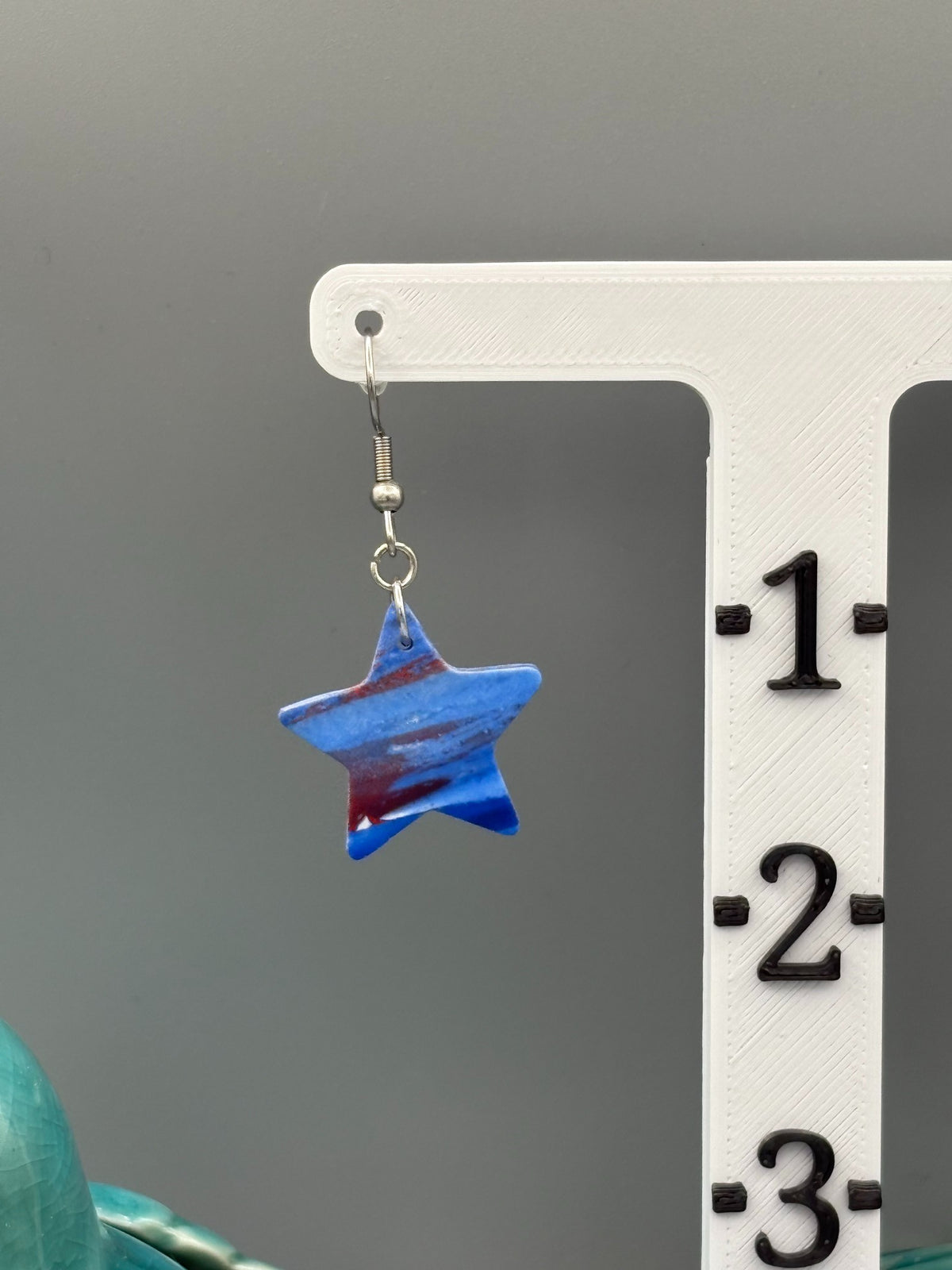 Red & Blue Star Dangle Earrings - handcrafted polymer clay earrings by Lakeside Clay