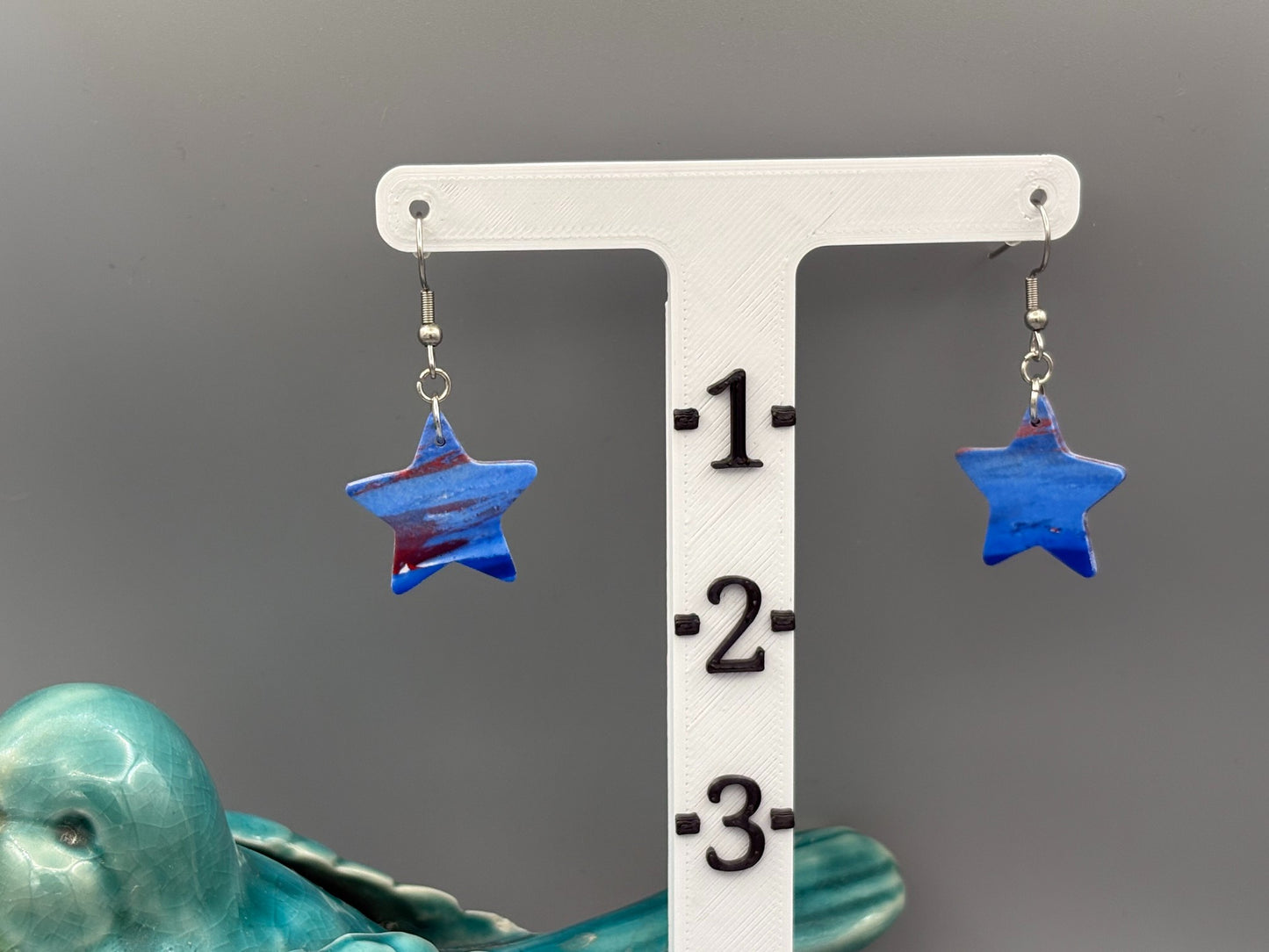 Red & Blue Star Dangle Earrings - handcrafted polymer clay earrings by Lakeside Clay