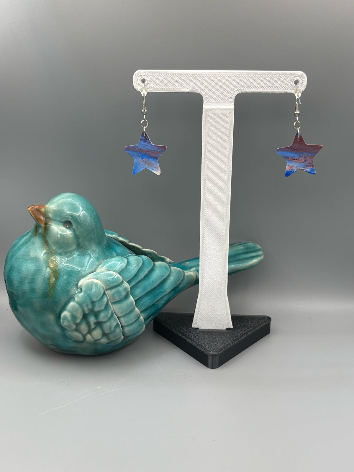 Red & Blue Star Dangle Earrings - handcrafted polymer clay earrings by Lakeside Clay