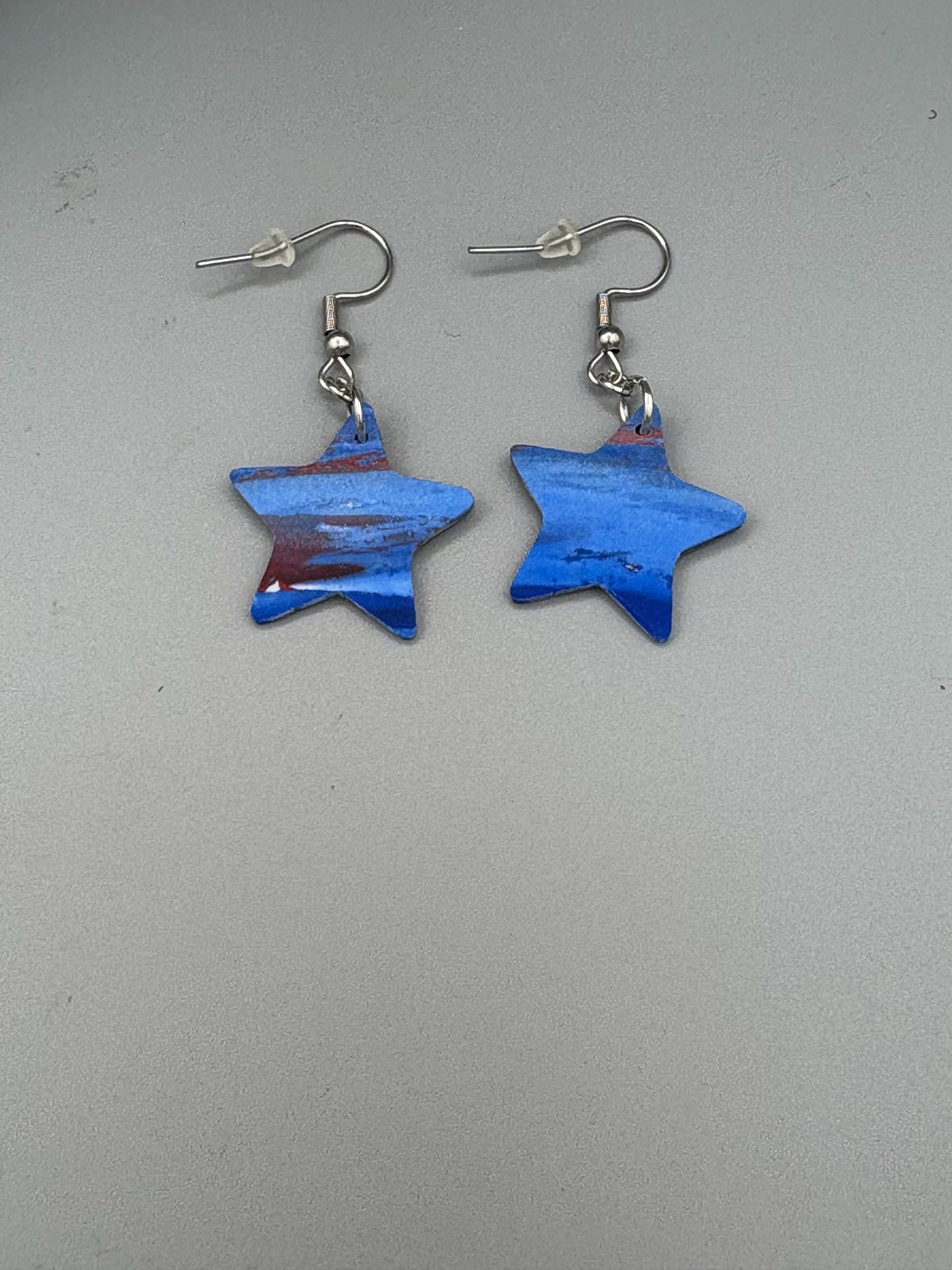 Red & Blue Star Dangle Earrings - handcrafted polymer clay earrings by Lakeside Clay