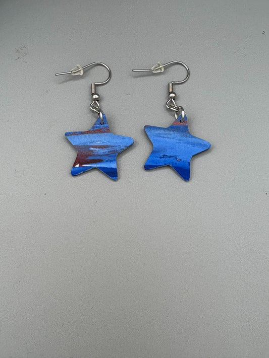 Red & Blue Star Dangle Earrings - handcrafted polymer clay earrings by Lakeside Clay