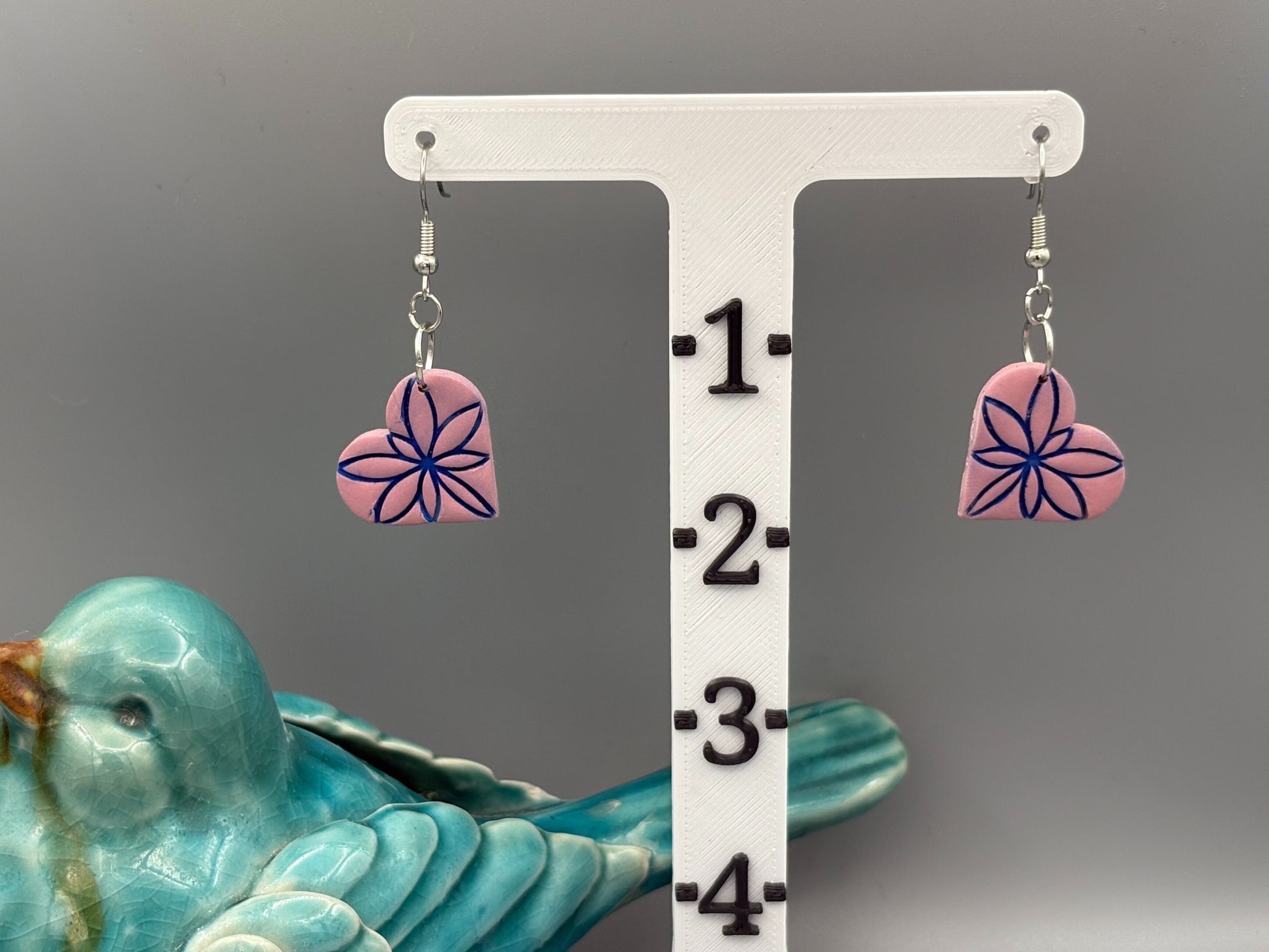 Pink & Blue Heart Dangle Earrings - handcrafted polymer clay earrings by Lakeside Clay