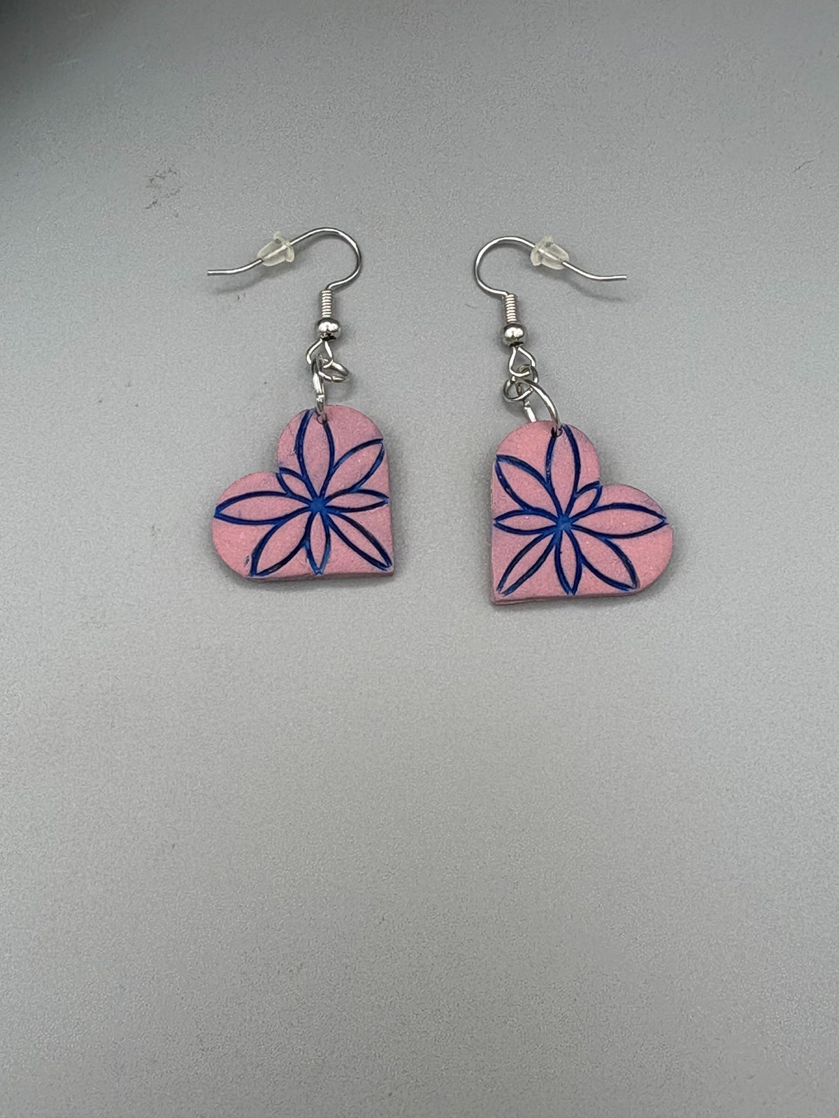Pink & Blue Heart Dangle Earrings - handcrafted polymer clay earrings by Lakeside Clay