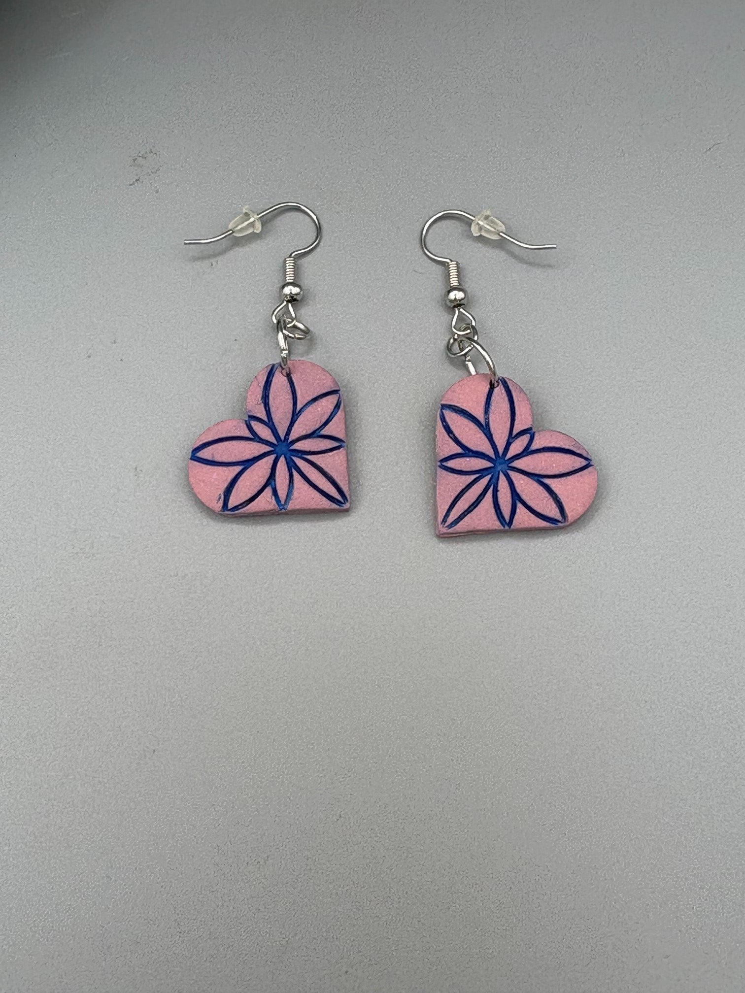 Pink & Blue Heart Dangle Earrings - handcrafted polymer clay earrings by Lakeside Clay